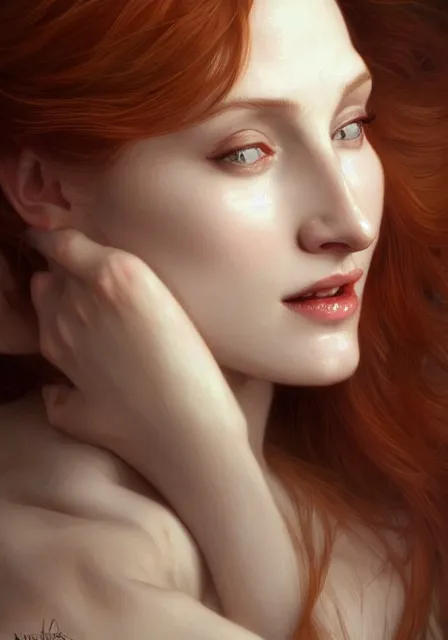 Image similar to sansa angeline jolie gessica chastain vampire teeth white skin, intricate, elegant, highly detailed, digital painting, artstation, concept art, smooth, sharp focus, illustration, art by artgerm and greg rutkowski and alphonse mucha and william - adolphe bouguereau