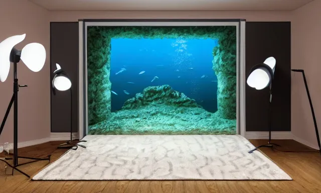 Prompt: a bedroom deep under the sea, photorealistic magazine picture, studio lighting, cozy, extremely detailed and realistic