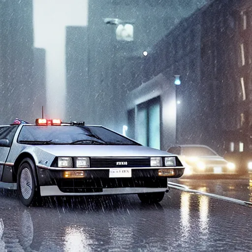 Image similar to hyperdetailed, photorealistic photograph of a dmc 1 2 delorean driving in the streets, rain, night, dense fog, hd, unreal engine 5