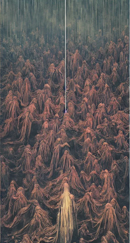 Prompt: worshippers in robes belonging to the cult of the dark forest standing in the darkness, high detailed beksinski painting, part by adrian ghenie and gerhard richter. art by takato yamamoto. masterpiece, deep colours, blue