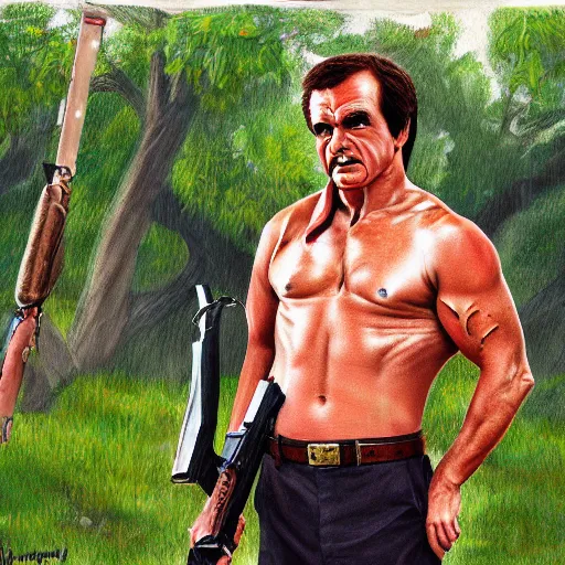 Image similar to ron burgandy as rambo in a park, hyperrealistic, hyperdetailed, political cartoon, concept art, oil painting