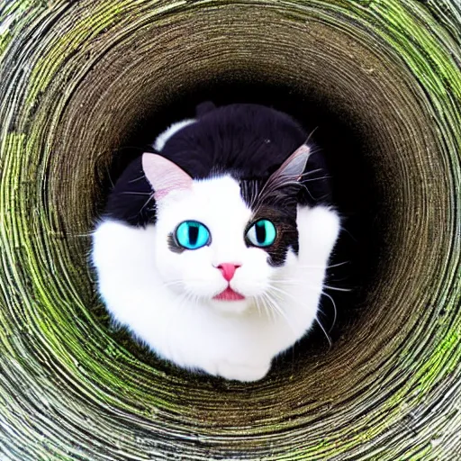 Prompt: white and black cat with green eyes setting planet earth on fire, fisheye lens, paws on top of planet