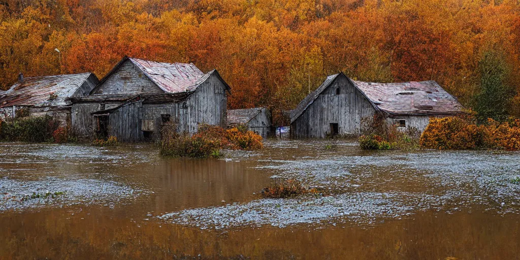 Image similar to abandoned village, autumn, flood, very detailed