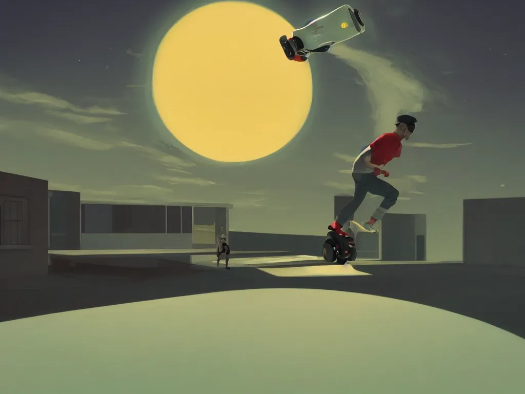 Image similar to A man in a small hoverboard taking off into the Saturn sunset leaving behind a small space colony by Edward Hopper and James Gilleard, 8k, octane render, ultra sharp, detailed digital art