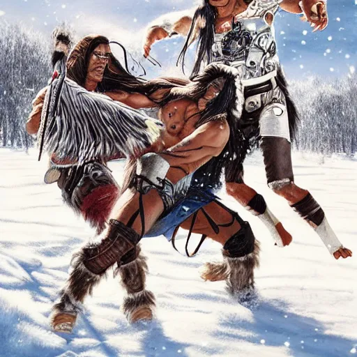 Image similar to majestic native americans fighting cyborg white men in a snowy field, art by neave bozorgi, styled like neave bozorgi, hyper realistic,