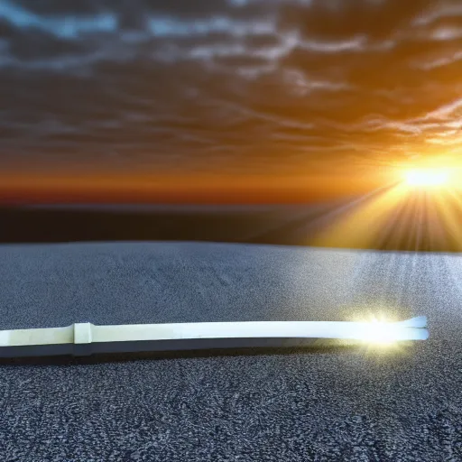 Prompt: 3d render of a big sword stuck in the ground with god rays around it, sunrise, ultra photorealistic, 8k,