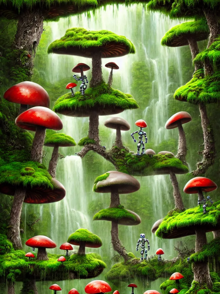 Image similar to future robot android primate in forrest of giant mushrooms, moss and flowers stone bridge waterfall. muted colors. by jean james mccarthy. by tim white. in the style of raffaello ossola. highly detailed. award winning. trending on artstation