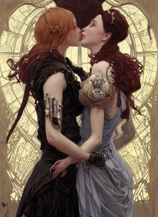 Image similar to portrait of two beautiful pale gothic maidens kissing, warhammer 40000, cyberpunk, intricate, elegant, highly detailed, digital painting, artstation, concept art, smooth, sharp focus, illustration, art by artgerm and greg rutkowski and alphonse mucha and Gustav Klimt