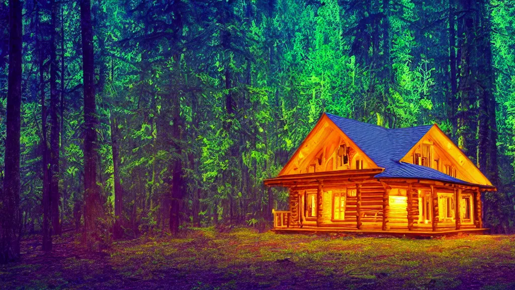 Image similar to portrait of an ethereal vaporwave log cabin made of golden purple and green light, evergreen forest, divine, cyberspace, mysterious, high-contrast, 4k, award-winning photograph