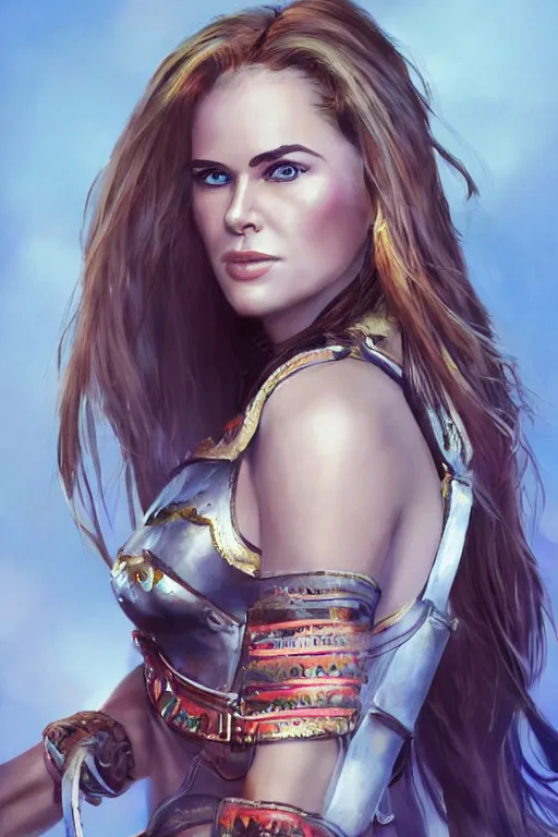 Image similar to mix of beautiful young maria shriver, mariel hemmingway, brooke shields, nicole kidman and elle macpherson as a young amazon warrior, thin lips, hair tied up in a pony tail, dark blonde hair, colorful, artstation, cgsociety