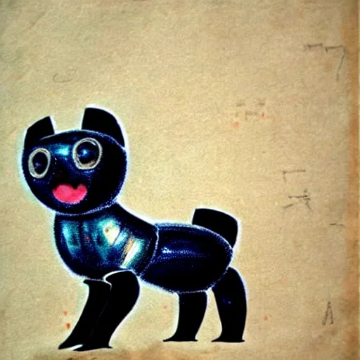 Image similar to a cute retro black pomeranian robot!!!!!! ( ( ( alcohol ink on parchment, muted colors, shading!!!, detailed, textured parchment background, 1 9 5 0 s concept art ) ) )