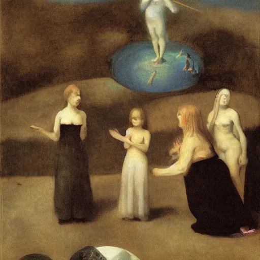 Prompt: witches gather around a moon shaped pool, by Odd Nerdrum, by Francisco Goya, oil on canvas, beautiful, eerie, surreal, colorful