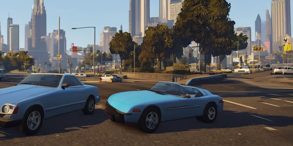 Image similar to grand theft auto, a car driving down a road with a city in the background, a screenshot, featured on cg society, playstation 5 screenshot