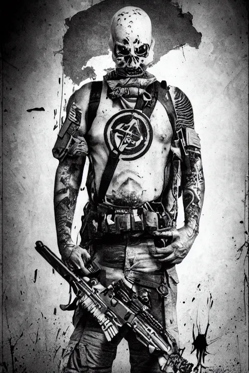 Prompt: a paranormal soldier, ouija tattoo on face, emp weapons strapped in shoulders, horror sci - fi black and white poster