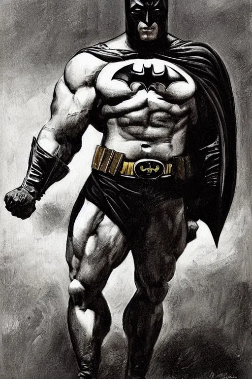 Prompt: A portrait painting of the bodybuilder wearing Batman costume, by Rembrandt