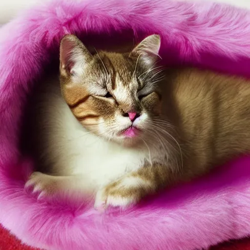 Image similar to pink furred cat sleeping in a fluffy bed