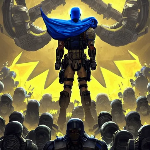 Image similar to a full body shot from distance from behind of a super soldier with a yellow and blue flag standing on a huge pile of skulls in triumph after battle, western, D&D, fantasy, intricate, elegant, highly detailed, digital painting, artstation, concept art, matte, sharp focus, symmetrical, illustration, art by Artgerm and Greg Rutkowski and Alphonse Mucha