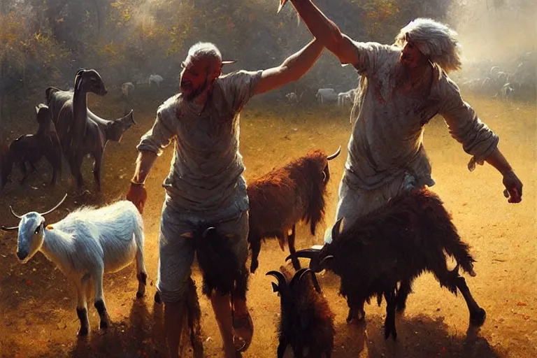 Image similar to madman dancing with goats by greg rutkowski, detailed oil painting masterpiece