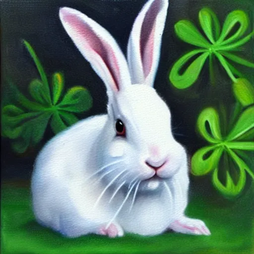 Prompt: a rabbit with tiny clovers for hair. oil painting