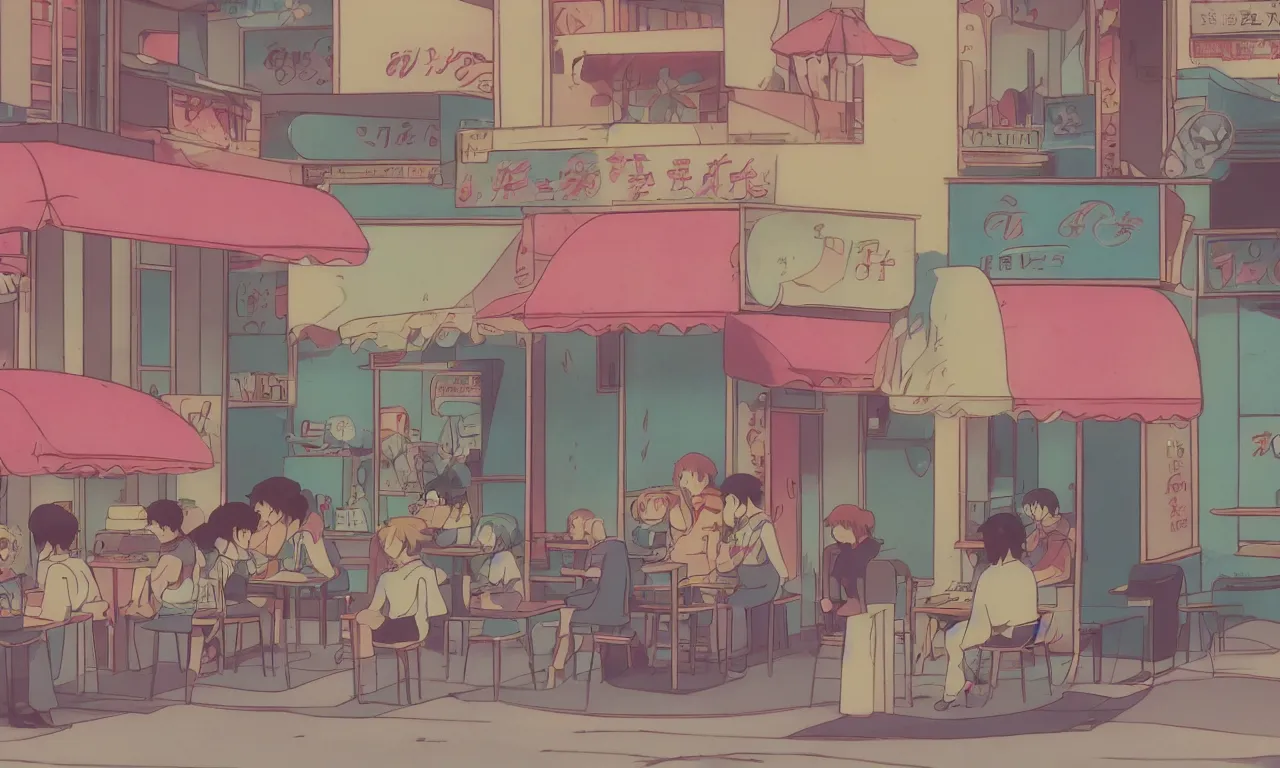 Prompt: A cute aesthetic still frame from an 80's or 90's anime, closeup of a cafe