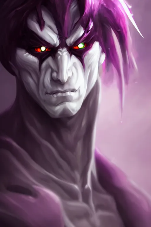 Image similar to human male demon, full body white purple, focus, closup, portrait, hero, character concept art, costume design, black eyes, white horns, trending on artstation, Artgerm , WLOP