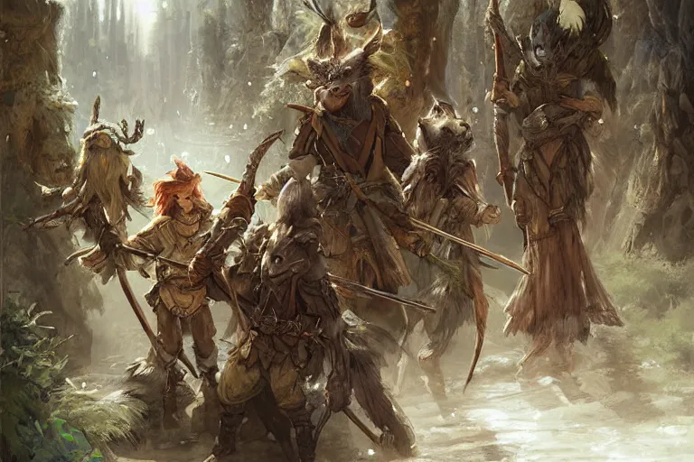 Prompt: dungeons and dragons fantasy painting, mice ranger archers emerge from the forest, longbows, hooded cloaks, whimsical and cute, determined expressions, watery eyes, anime inspired by krenz cushart, brown fur, tufty whiskers, feathered arrows, bamboo forest, dawn lighting, by brian froud jessica rossier and greg rutkowski