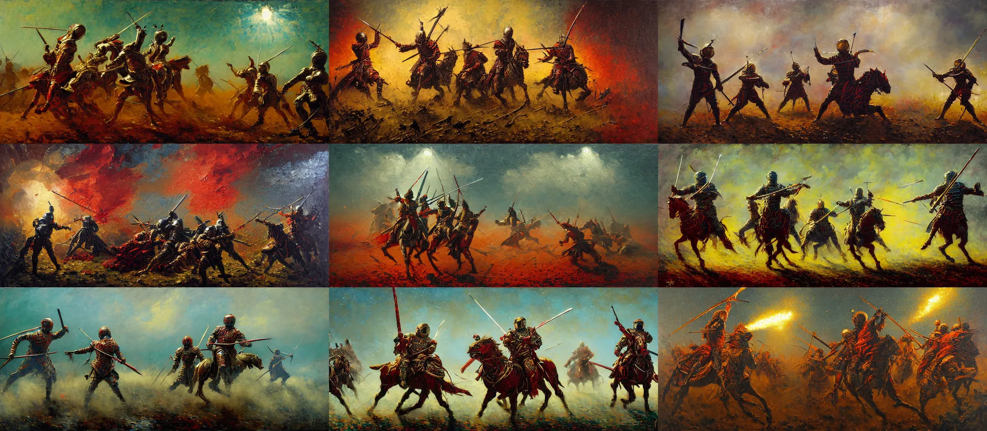 Prompt: battle scene, pikeman - astronauts, swords, fractal armor with girih bargello patterns, luminist, tonalism, dramatic lighting, action, palette knife, frenetic, chiaroscuro, figurative art, detailed, proportions, spatter, dust, atmospheric, volumetric lighting, venetian red, raw sienna, sage green