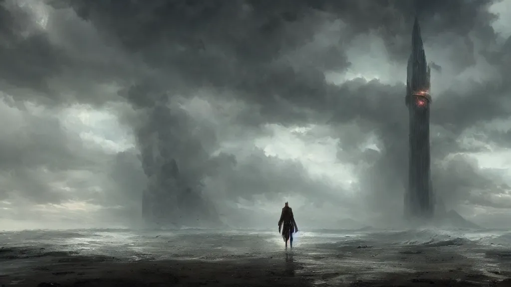 Prompt: epic storm by greg rutkowski the last tower. sand. hero on lonely path. ominous. 3 8 4 0 x 2 1 6 0