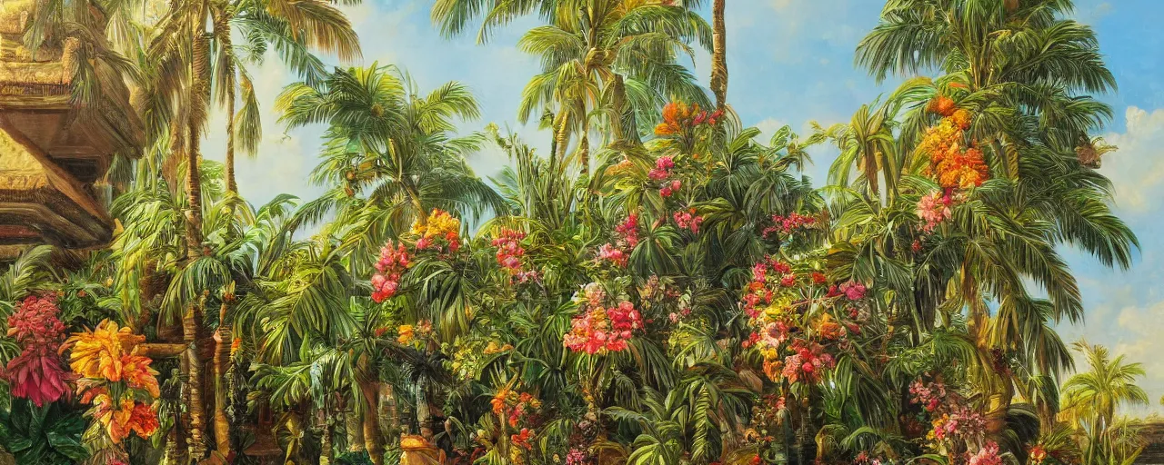 Image similar to a highly detailed oil painting of Tropical Flowers, a view from ground level: elegant, ornate, daytime. this is a beautifully lit scene.