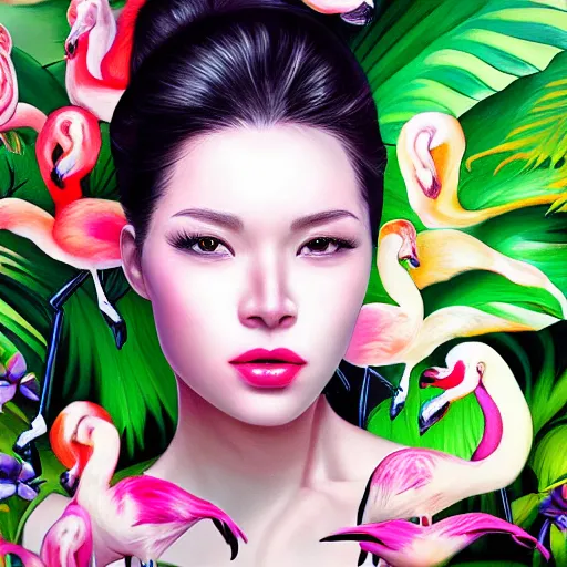 Prompt: photo realistic depiction of a beautiful woman face surrounded by giant black orchids and colorful flamingos style by stanley lau, hyper realistic