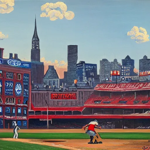 Image similar to painting of boston by michel delacroix, fenway park in the background, very detailed, high quality