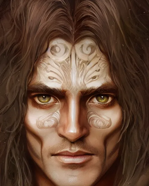 Image similar to elven man, beautiful, long hair, tan skin, closed mouth smile, fantasy, super detailed, very ornate, glow, by greg rutkowski, artgerm, magali villeneuve, alphonse mucha, realistic, symmetrical face, 8 k, sharp focus