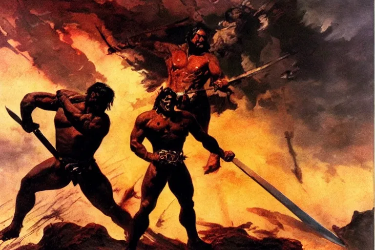 Prompt: Barbarian warrior emerging from a lake of blood with the sword of destruction in his hands, dramatic lighting, by Frank Frazetta