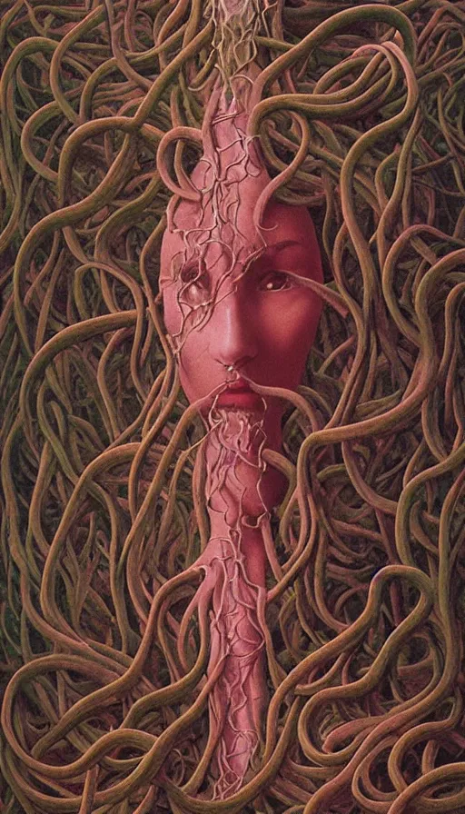 Image similar to very detailed portrait of a 2 0 years old girl surrounded by tentacles, the youg woman visage is blooming from fractal and vines, by zdzisław beksinski