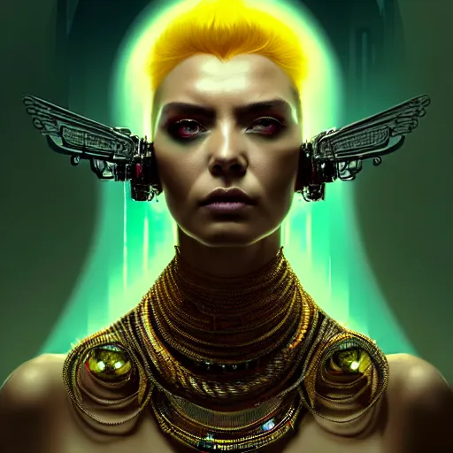 Image similar to woman with extremely large and intricate haircut with angry yellow eyes and slim features looking askance, eye cyberpunk bionics, retro futurist style, intricate, elegant gleaming intricate baroque jewelry, angelic halo, highly detailed, digital painting, artstation, concept art, smooth, sharp focus, illustration, art by wlop, mars ravelo and greg rutkowski,