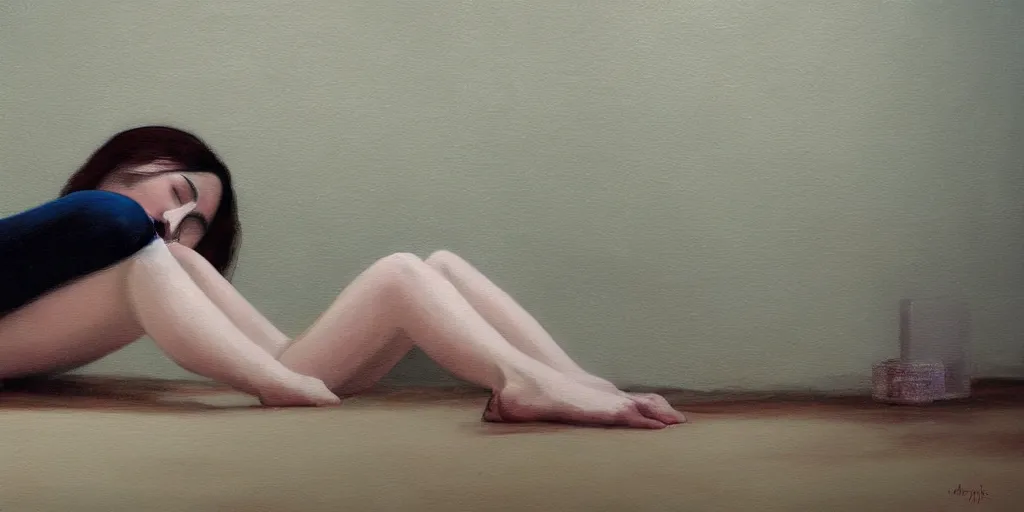 Image similar to surreal painting of a sad woman, alone, lying on the floor of a bathroom