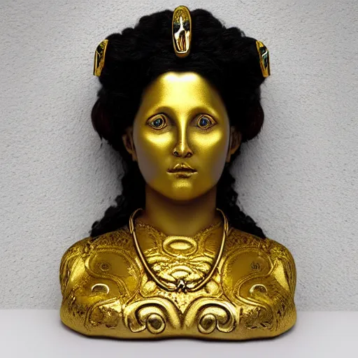 Image similar to sponge sculpture of hel goddess of the death, viking culture, intricate, elegant, digital painting, smooth, sharp focus, shiny gold, realistic gold, realistic metal, by william - adolphe bouguereau and gustav klimt,