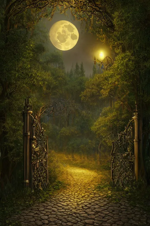 Image similar to a beautiful digital glossy clear sharp of a detailed gothic fantasy fireflies forest trees and iron gate cobblestone pathway vines full moon by james gurney, 8 k resolution trending on artstation concept art digital illustration