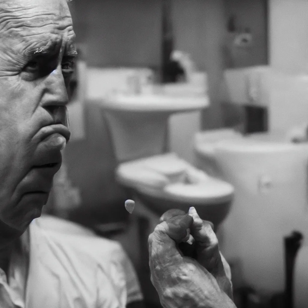 Image similar to joe biden picking his nose while sitting on the toilet, cinematic framing, cinematic lighting, hdr, gritty, movie still, 4k, 70s psychedelic style