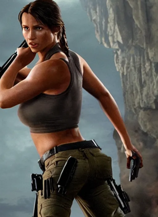 Image similar to film still of Lara Croft as John McClane in Die Hard, Thicc, Bulging chest, 4k