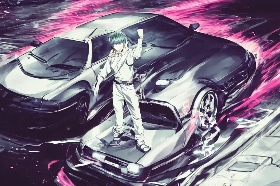 Prompt: aesthetic illustration of ryosuke takahashi with black hair, standing by his glossy white mazda rx 7 on an empty highway at dusk, cinematic lighting, initial d anime 1 0 8 0 p, detailed anime face, high detail, 9 0 s anime aesthetic, volumetric lights, rule of thirds, unreal engine 5 render, pinterest wallpaper, trending on artstation