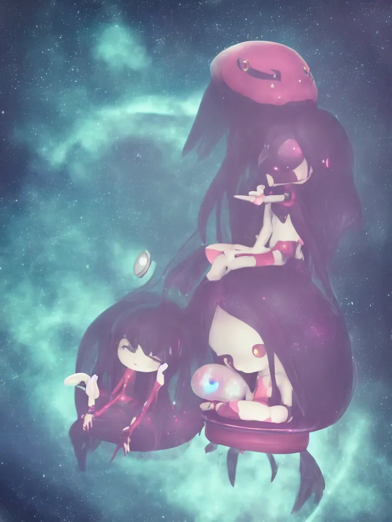 Prompt: cute fumo plush gothic maiden alien girl sitting on a small island floating in the dark galactic abyss, heart eyes, vignette, vray