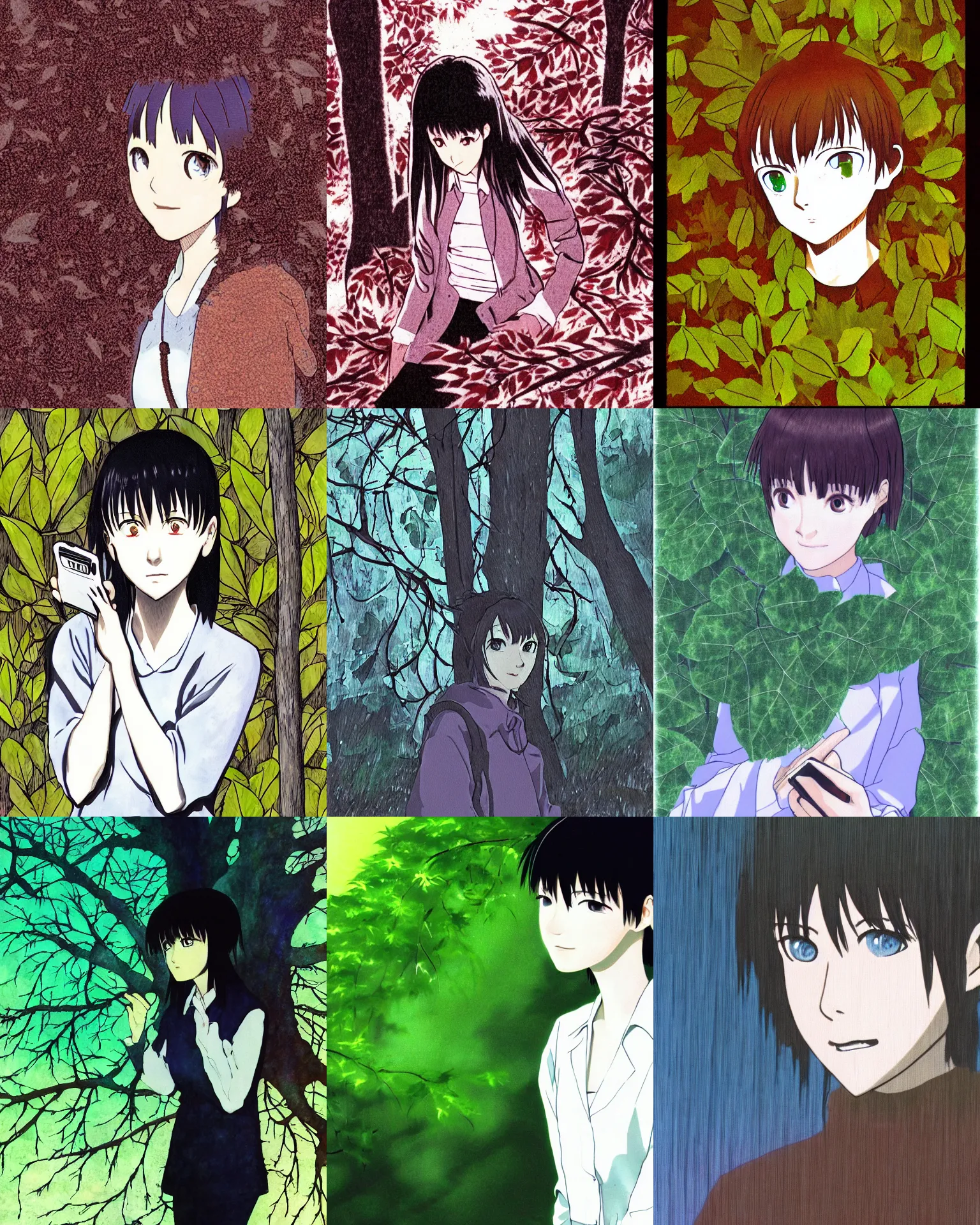 Image similar to lain iwakura drawn in smears on a phone screen illuminated by sunlight shining through tree leaves