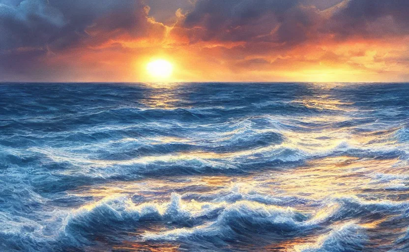 Image similar to Sun coming in the sea after a storm, beautiful landscape, digital painting, realistic, 4k, trending in ArtStation, beautiful and romantic, detailed water