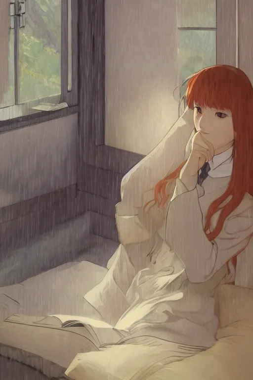 Image similar to a girl in a jk uniform outfit in the bedroom reading a book in a night, raining outside the window, grey and orange theme ， wavy white long hair, by krenz cushart and mucha and akihito yoshida and greg rutkowski and makoto shinkai and vincent van gogh and monet, detailed eyes, 4 k resolution