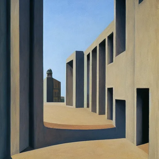 Image similar to first person view of a stark concrete maze, people peering into portholes, grant wood, pj crook, edward hopper, oil on canvas