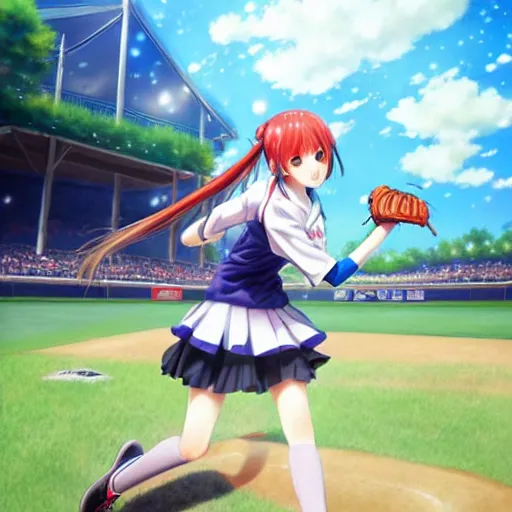 Prompt: this is the most beautiful anime girl playing baseball in the most beautiful artwork of the most beautiful anime girl playing baseball!, artstation!! pixiv!!, scenery art detailed, volumetric lighting, by range murata