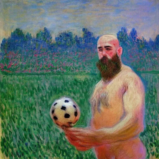 Image similar to monet painting of a bearded man with shaved head kissing a soccer ball, intimate, beautiful, highly detailed, realistic,