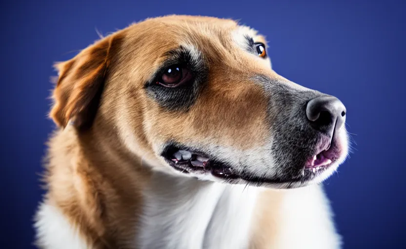 Image similar to studio photography portrait of a dog on dark blue background, rim light, beautiful lighting, 8 k