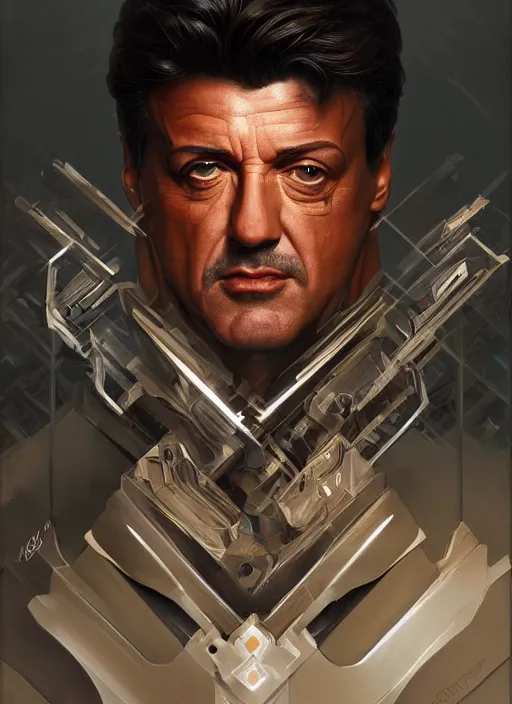 Image similar to symmetry!! silvester stallone, machine parts embedded into face, intricate, elegant, highly detailed, digital painting, artstation, concept art, smooth, sharp focus, illustration, art by artgerm and greg rutkowski and alphonse mucha, 8 k